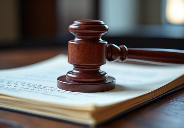 Close-up of a wooden gavel on a legal document in a London office